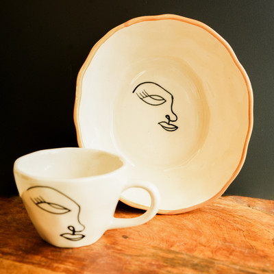 ArteCasa Handmade Ceramic Cup and Plate Set with Abstract Face Art Ceramic Coffee Mug(250 ml, Pack of 2)