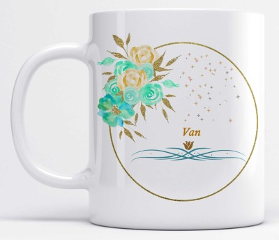 LOROFY Name Van Printed Beautiful Gold And Blue Floral Design White Ceramic Coffee Mug(350 ml)