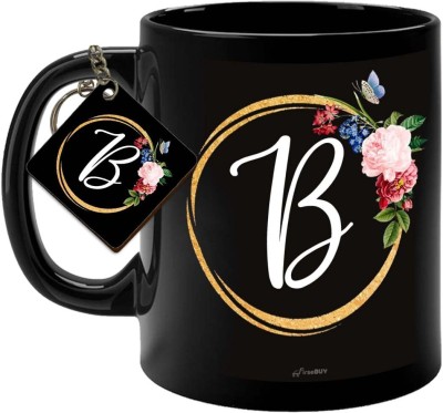 FirseBUY B Letters Coffee Cup and Keychain - Initial A-Z Alphabet Monogrammed Black Cup Ceramic Coffee Mug(325 ml)