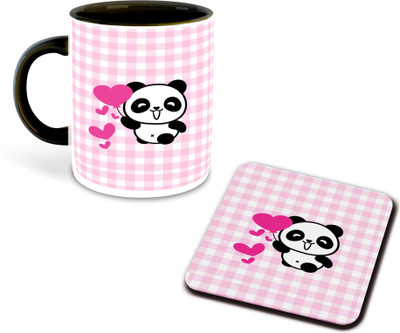 FLEXERSTYLE NEW2025-CSK Panda theme Printed Black Ceramic Coffee Cup & with Coaster - D9 Ceramic Coffee Mug(325 ml)