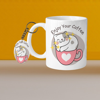Print Ginnie 101_Perfect for Coffee and Tea - With Keychain VM Enjoy Your Coffee L O Ceramic Coffee Mug(325 ml)