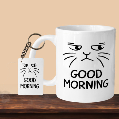 VM SHOPPING MALL Good Morning Cat L-R Ceramic Coffee Mug(330 ml)
