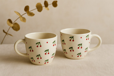 ABC Cherry Print Ceramic Tea Coffee Set of 2 | 300 ml Stylish Hot Beverage Cups Ceramic Coffee Mug(300 ml, Pack of 2)