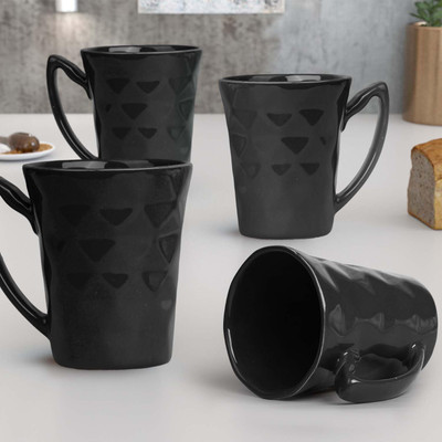 Earthen Coffee/Milk Full Black Glossy Tone With Daimond Edition Idol For All Gifting Ceramic Coffee Mug(350 ml, Pack of 4)