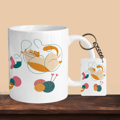 VM MALL 101_Cat Play R-R Ceramic Coffee Mug(330 ml, Pack of 2)