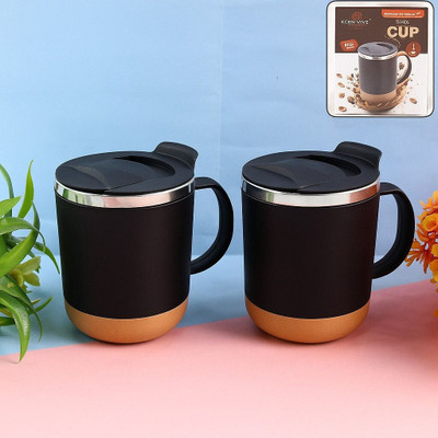 BIZZBLU Double Walled Unbreakable Hot and Cold Coffee cup (350ml,Black) Stainless Steel, Plastic Coffee Mug(350 ml, Pack of 2)