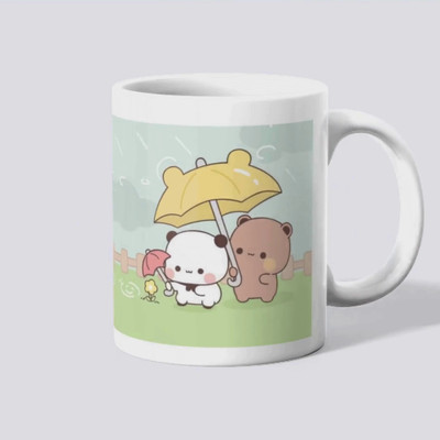 makekart Kawaii Couple Bears in Rain Graphic Ceramic Cup Ceramic Coffee Mug(325 ml)