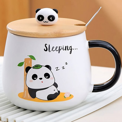 BONZEAL Printed Sleeping Panda Cup With Lid And Spoon Ceramic Coffee Mug(430 ml)