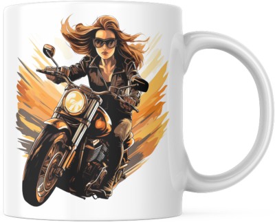 Srirudh Road Warrior Coffee Cup: Woman on MotorBike Sublimation Ceramic Coffee Mug(350 ml)