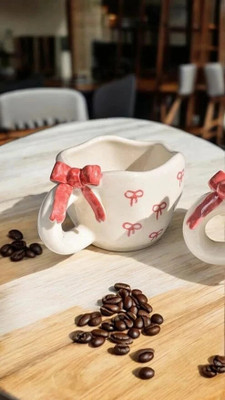 zk collections Handmade & Handpainted Cute Pinierest-Inspired 3D Realistic Bow Ceramic Ceramic Coffee Mug(200 ml)