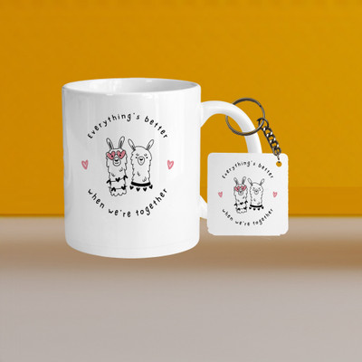 VM SHOPPING MALL Premium 330ml Ceramic White Coffee - everything better- With Square Keychain Ceramic Coffee Mug(330 ml, Pack of 2)