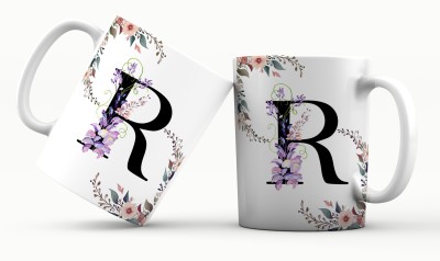 Print My Vibe Beautiful Alphabet R Letter Printed Coffee/Tea White Floral Ceramic for Gift Ceramic Coffee Mug(350 ml)