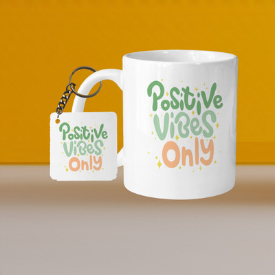 AG MALL 101_Perfect for Coffee and Tea - With Keychain VM Positive Vibes Only L S Ceramic Coffee Mug(333 ml, Pack of 2)