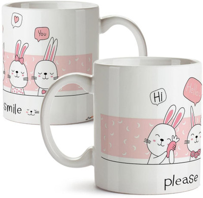 FirseBUY Please Smile Cute Bunny Printed Ceramic Coffee Mug(325 ml)