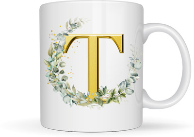 MaddockCorp Alphabet letter T with floral design Ceramic Coffee Mug(350 ml)