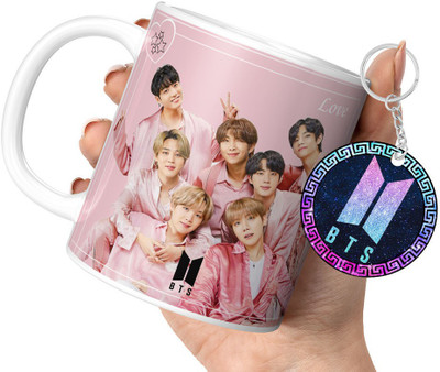 DojaBeauty By TrendoPrint Bts Cup with Keychain Bts Gift For Anyone on Any Occasion (DB-22) Ceramic Coffee Mug(350 ml, Pack of 2)