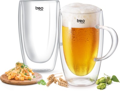 TREO Double wall Beer/Juice, Set of 2, 450 ml Each Glass Beer Mug(450 ml, Pack of 2)