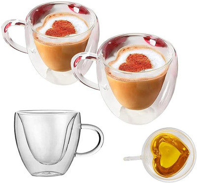 GOSK Enterprise Small Size Heart Shape Double Insulated Wall Borosilicate Glass 80 ML Coffee Glass Coffee Mug(80 ml, Pack of 2)
