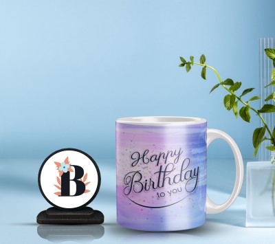 CHANUN B letter Coffee with Showpiece Happy Birthday B letter Ceramic, Wood Coffee Mug(320 ml)