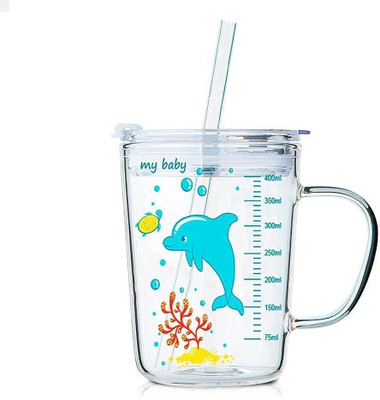 Sphronal Cartoon Print Glasss with Lid and Straw with Handle for Kids, for Milk Glass Coffee Mug(350 ml)