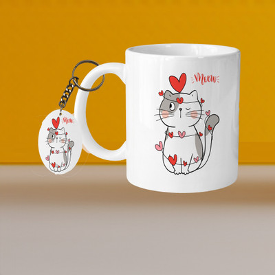 Hunter Studio 101_Perfect for Coffee and Tea - With Keychain VM Cat Meow L O Ceramic Coffee Mug(331 ml, Pack of 2)