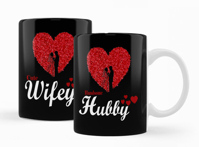 iMPACTGift Cute Wifey & Handsome Hubby Printed Gift mug For Couples Husband Wife Ceramic Coffee Mug(330 ml, Pack of 2)