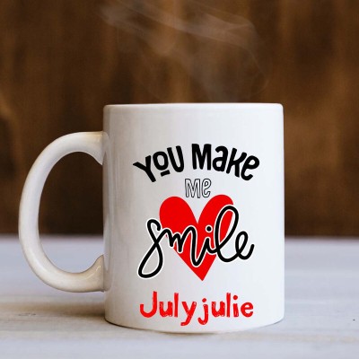 badri creations You Make Me Smile Julyjulie White Ceramic Coffee Mug(350 ml)