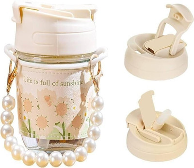 QPBM Glass Coffee Tumbler with Lid and Straw Travel Sipper Cutes Glass Coffee Mug(350 ml)