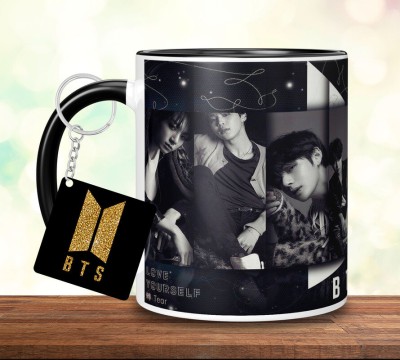 TrendoPrint BTS Printed 3 Black Tone Coffee & Keychain For Friends & Loved One-3BTM-SK07 Ceramic Coffee Mug(350 ml, Pack of 2)