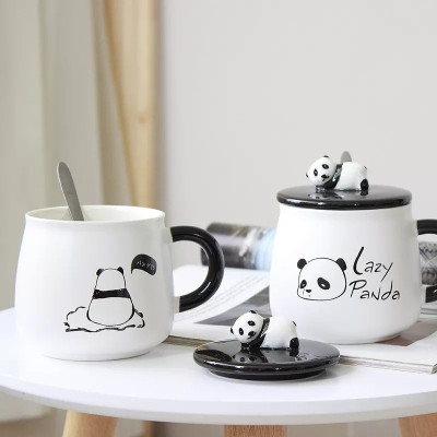 Avresta Ceramic Lazy Panda Printed with Lid and Spoon White Cup Ceramic Coffee Ceramic Coffee Mug(450 ml, Pack of 2)