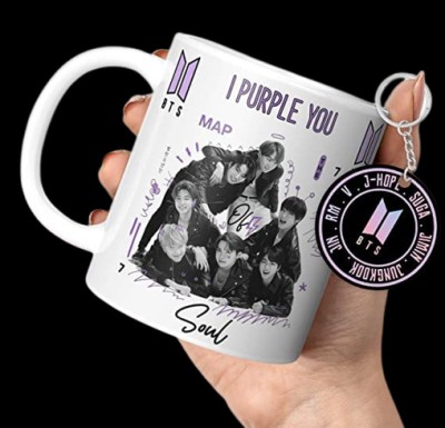 Convay B1 Designs BTS Printed with Keychain for Girls Ceramic Coffee Mug(330 ml, Pack of 2)