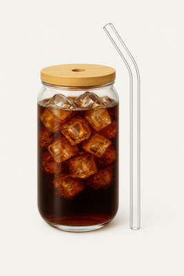 kanthee Stylish Leakproof Glass Jar with Bamboo Lid & Straw | Coffee Smoothie Glass Tumbler(540 ml)