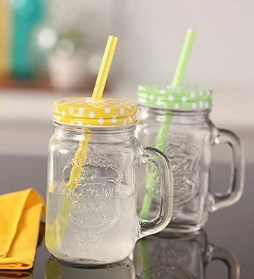 fielrop Mason Jar Yellow+Green 2pcs Glass Mason Jar(450 ml, Pack of 2)