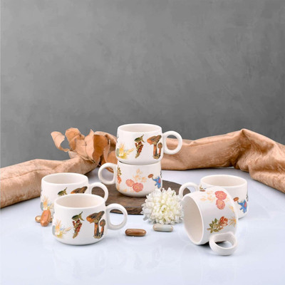 NOHUNT Ceramic Printed Set of 6 Cups, 150ml Each|For Tea,Coffee,Hotdrinks & Perfect For Gifting(White, Cup Set)
