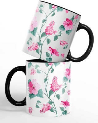 Macmerise SK Hibiscus Blush Black - Coffee Ceramic 325 ml Handle & Inside Black Ceramic Coffee Mug(320 ml)