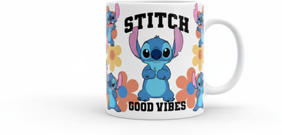 aaravgraphics Stitch 'Good Vibes' Positive Energy - Fun Retro Floral Design Ceramic Coffee Mug(300 ml)