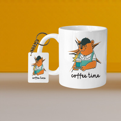 VMSHOPPINGMART 101_Perfect for Coffee and Tea - With Keychain VM Coffee Time Teddy L R Ceramic Coffee Mug(332 ml, Pack of 2)