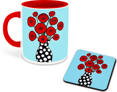 Daddy dream NEW-FloralPrintedRedCeramic-1395 Ceramic Coffee Mug(325 ml, Pack of 3)