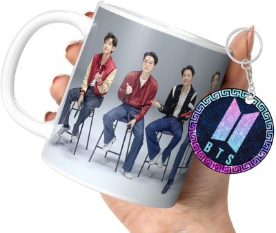 DojaBeauty By TrendoPrint Bts Cup with Keychain Bts Gift For Anyone on Any Occasion (DB-12) Ceramic Coffee Mug(350 ml, Pack of 2)