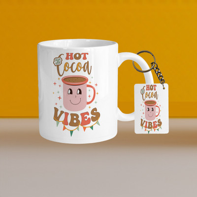 VM SHOPPING MALL Premium 330ml Ceramic White Coffee-hot cocoa vibes-With Rectangle Keychain Ceramic Coffee Mug(330 ml, Pack of 2)