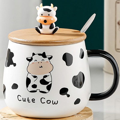 BONZEAL 3D Animal Printed Cute Cow Cup With Lid Spoon Set Ceramic Coffee Mug(480 ml)