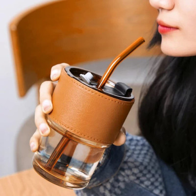 Leather Grip Coffee Cup Tumbler Sipper Glass with Straw Glass Coffee Mug(400 ml)