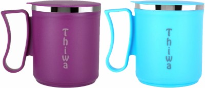 Thiwa Coffee/Tea/Milk Lid Cup Unbreakable Double Wall Hot and Cool StainlessSteel mug Plastic, Stainless Steel Coffee Mug(300 ml, Pack of 2)