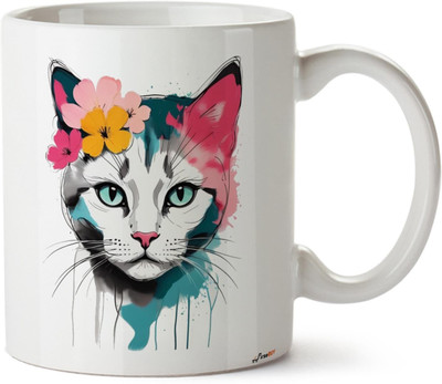 FirseBUY Floral Cat Printed Ceramic Coffee Mug(325 ml)