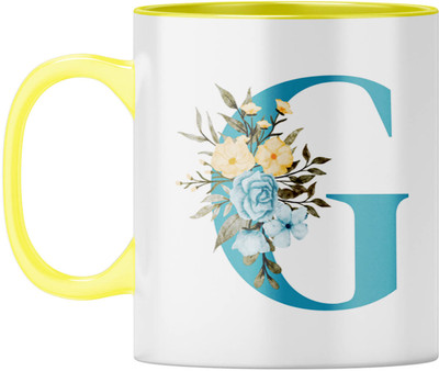 YuBingo Floral Initial Gift - Elegant G Design, Yellow Inner & Handle Ceramic Coffee Mug(310 ml)