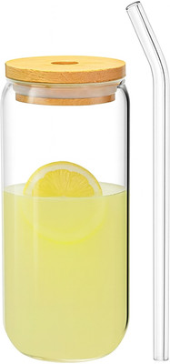 Captain India Premium Glass Tumbler Cup with Bamboo Lid & Straw | Smoothie Travel Jar Glass Tumbler(540 ml)