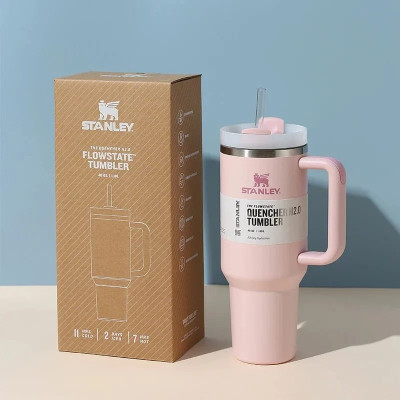 Tiny Treasure Wraps Stanley Quencher H2.0 Tumbler with Handle and Straw -Pink Stainless Steel Tumbler(1180 ml)