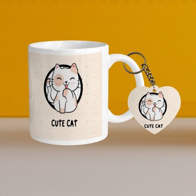 VM SHOPPING MALL Premium 330ml Ceramic White Coffee - Cat Cute 01 - WithHeart Keychain Ceramic Coffee Mug(330 ml, Pack of 2)