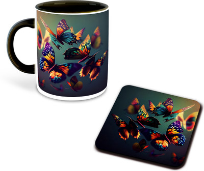 whats your kick Butterfly Lover Printed Black Coffee With Coaster-D3 Ceramic Coffee Mug(325 ml)