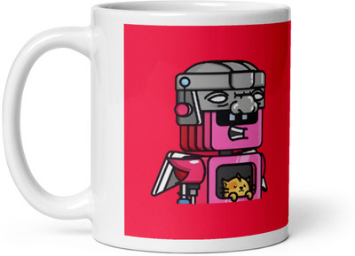 Dr Farfar Robot With Fake Face and Cat Ceramic Coffee Mug(350 ml)